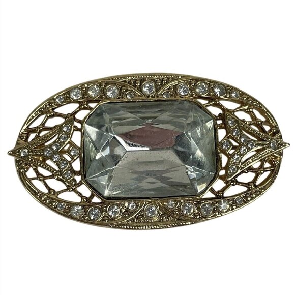 Vintage 90s Gold Tone Oval Brooch Clear Rhinestones Large Faceted Center Stone - Picture 1 of 6